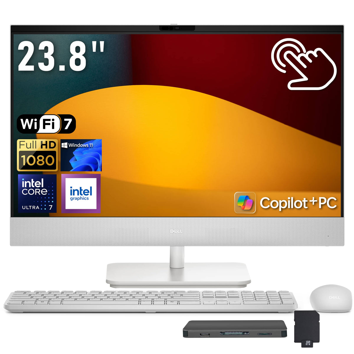Dell - 23.8" FHD Touch All-in-One Desktop,Intel Ultra 7 355,16GB RAM,1TB SSD+1TB Dock Set,Intel Graphics,Win 11 - White