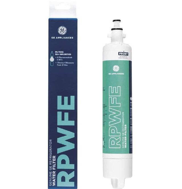 GE APPLIANCES FILTERS 50+ IMPURITIES + 9 Pharmaceutical e BPA Chlorine Oloremine Taste Odor GE REFRIGERATOR GENUINE WATER FILTER RPWFE FRONT H aE APPLIANCES 6 SE NTNER RPWFE REFRIGERATOR GE GENUINE FILTER WATER 281TE TTEY 1I1