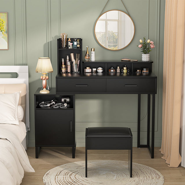 Front. Aheaplus - 36'' Wide Small Makeup Vanity Desk with Charging Station, 2 Drawers, and Cabinet for Bedroom - Black.