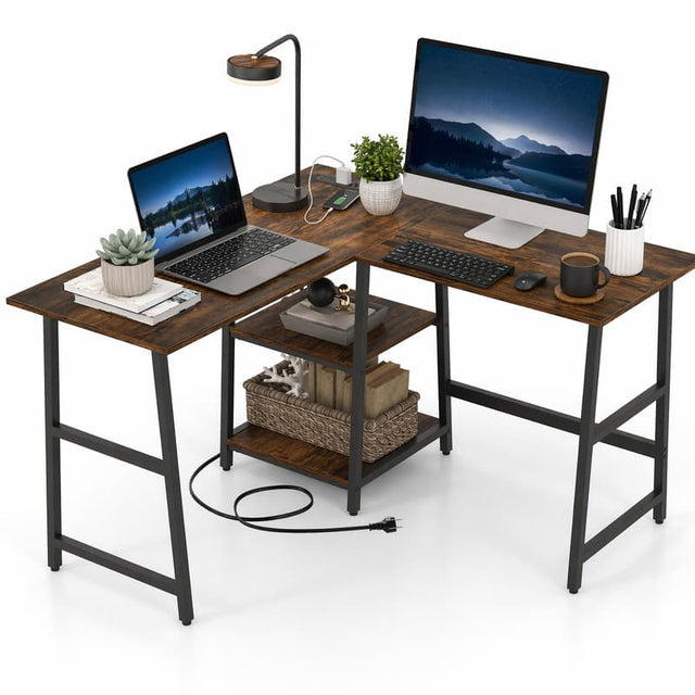 Front. WELLFOR - 48" L Shape Desk with Charging Station, Corner Computer Desk with Storage Shelves for Home Office & Gaming - Brown.