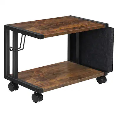Oumilen - C-Shaped Rolling Printer Stand with Storage Bag, Rustic Wood Desktop Printer Cart with Lockable Wheels