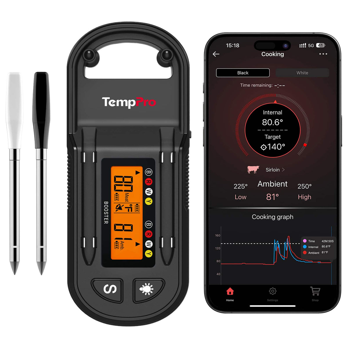 TempPro - TempSpike Plus 600 ft Wireless Meat Thermometer with Two Ultra-Thin Probes & LCD Booster (Formerly ThermoPro) - Black