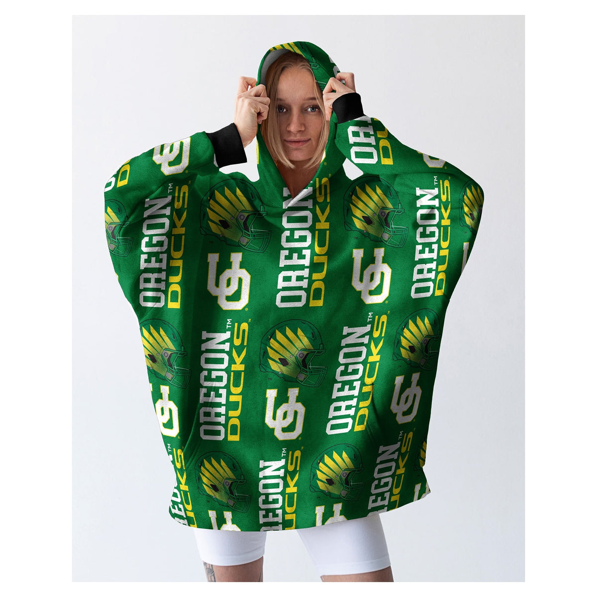 Pegasus - Oregon Ducks Homefield Repeat Logo Wearable Hooded Blanket - Multicolor