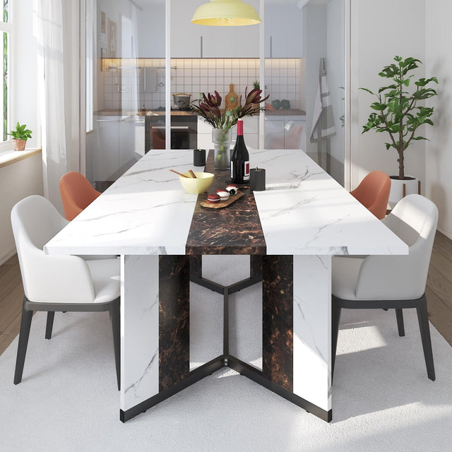 Front. Lent Glitter Wood - 71 Inch Modern Farmhouse Dining Table for 6 Waterproof Wood Top Adjustable Legs Metal Frame Kitchen Living Room - white.