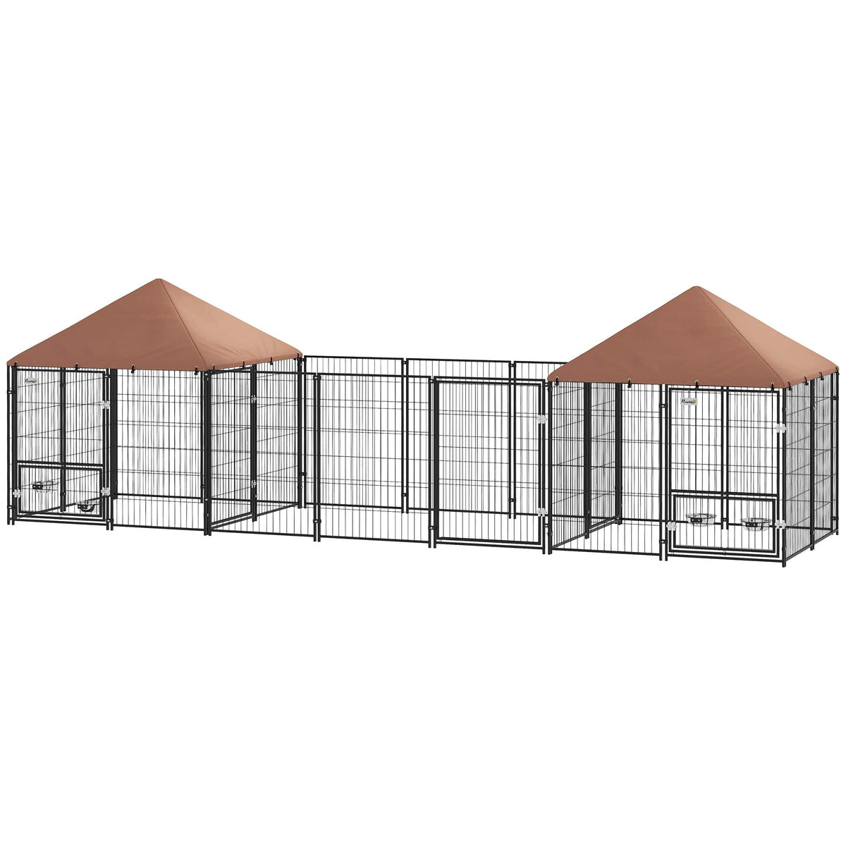 Pawhut - Outdoor Dog Kennel with 2 Rooms, Rotating & Adjustable Height Bowls - Coffee