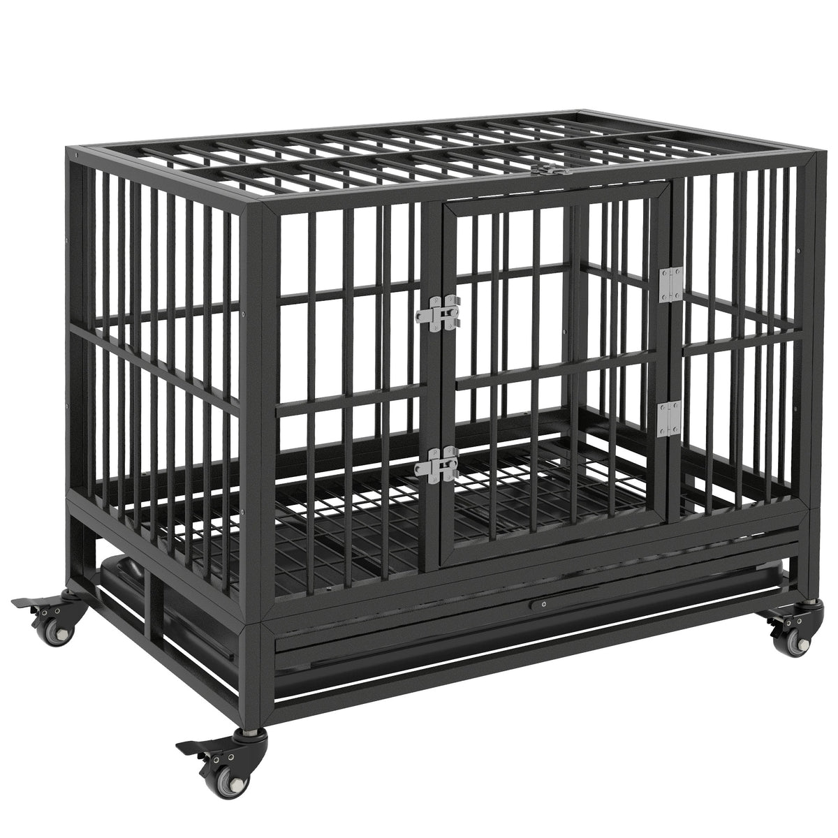 Pawhut - Heavy Duty Dog Crate Metal Cage Kennel with Lockable Wheels