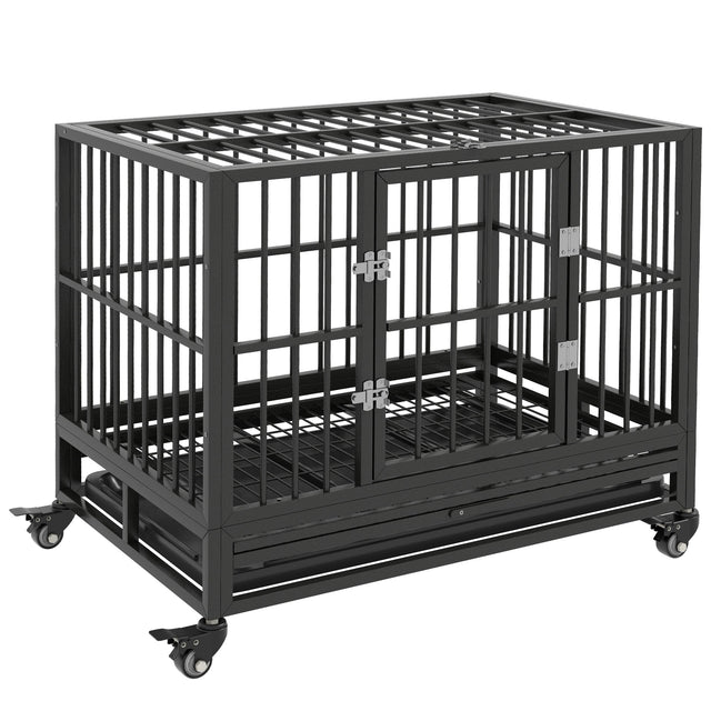 Front. Pawhut - Heavy Duty Dog Crate Metal Cage Kennel with Lockable Wheels.