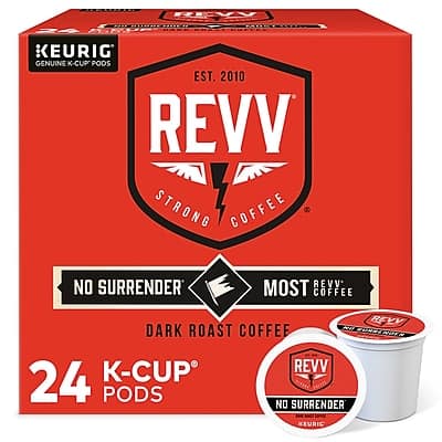 REVV - KEURIG GENUINE K-CUP PODS EST. 2010 REVV STRONG COFFEE NO SURRENDER REVV MOST COFFEE REVV DARK ROAST COFFEE 24 K-CUP PODS NO SURRENDER KEURIG