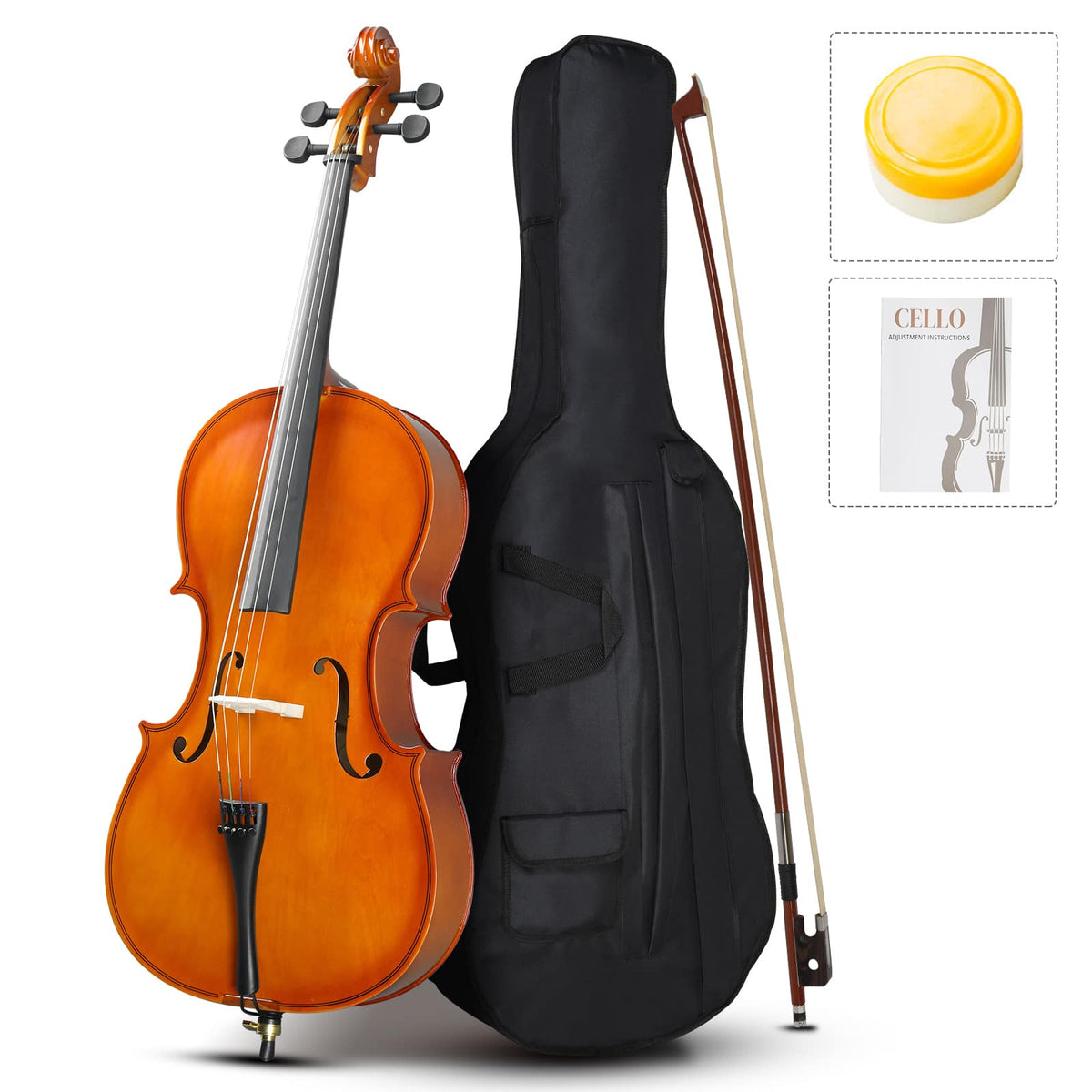 Winado - 3/4 Beginner Cello Instrument for Adults, Acoustic Cello Set with Bag,Strings, Bridge, Bow & Rosin - Natural