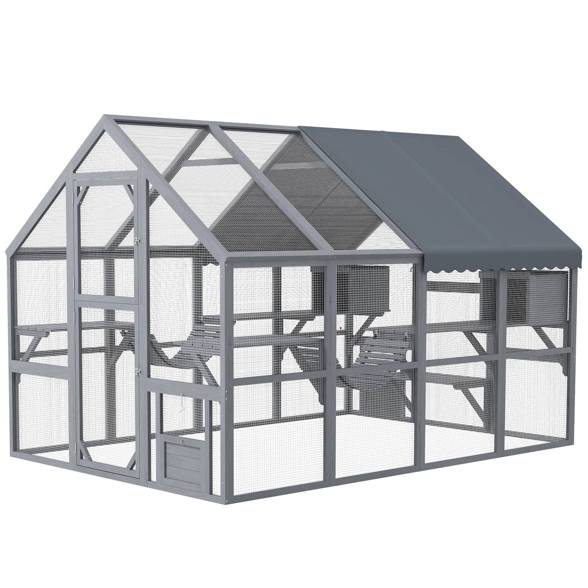 Pawhut - Catio Outdoor Cat Enclosure with Waterproof Cover, 2 Condos, 6 Platforms, Bridge