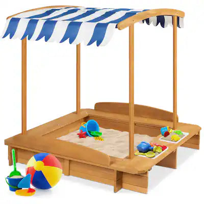 Best Choice Products - Kids Wooden Cabana Sandbox w/ Bench Seats, UV-Resistant Canopy, Sandpit Cover, 2 Buckets