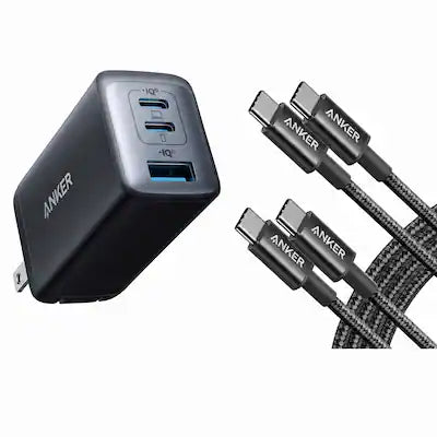 Anker - USB-C Charger (65W, 3-Port, Foldable) + Anker USB-C to USB-C Cable (6 ft, 60W, 2-Pack)