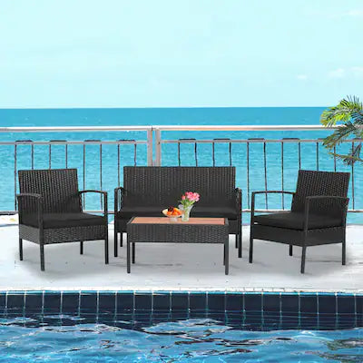 Gymax - 4PCS Rattan Patio Conversation Furniture Set Outdoor Sofa Set w/ Cushions