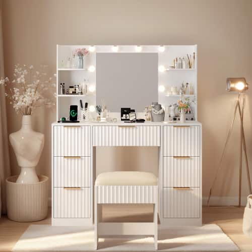 Front. Winado - Fluted Makeup Vanity Set with Lighted Mirror & Charging Station, Dressing Table w/ 7 Drawers for Femal Gift - White.