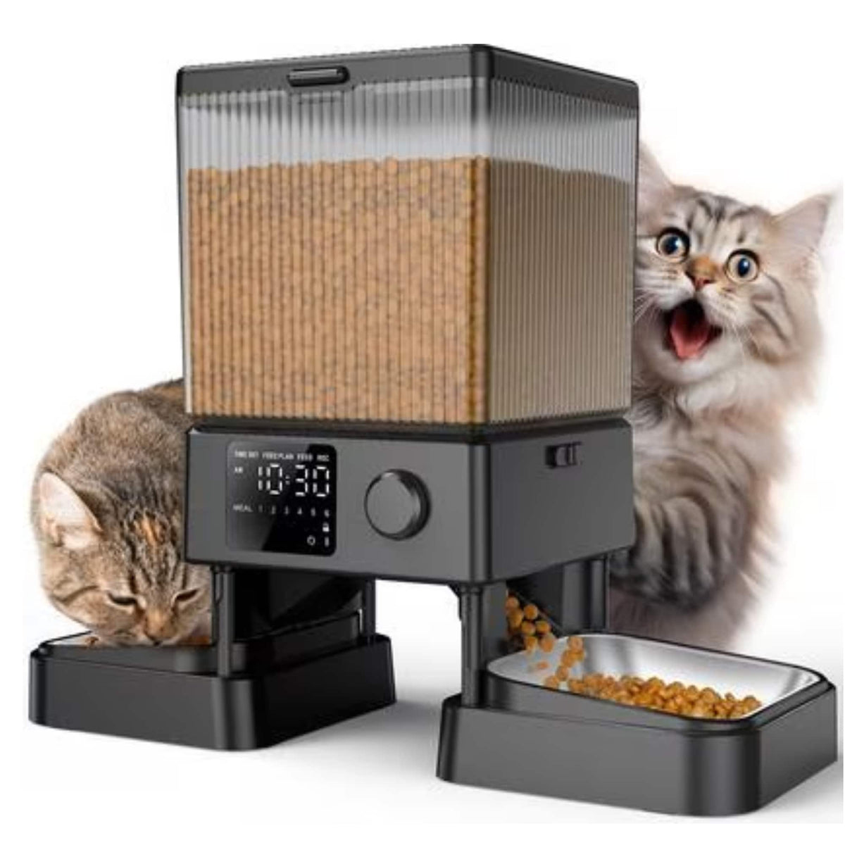 Oneisall - 5L/169oz Dual Bowl Automatic Cat Feeder, Stainless Steel,Freshness Seal,Voice Record,Dual Power Supply - Black