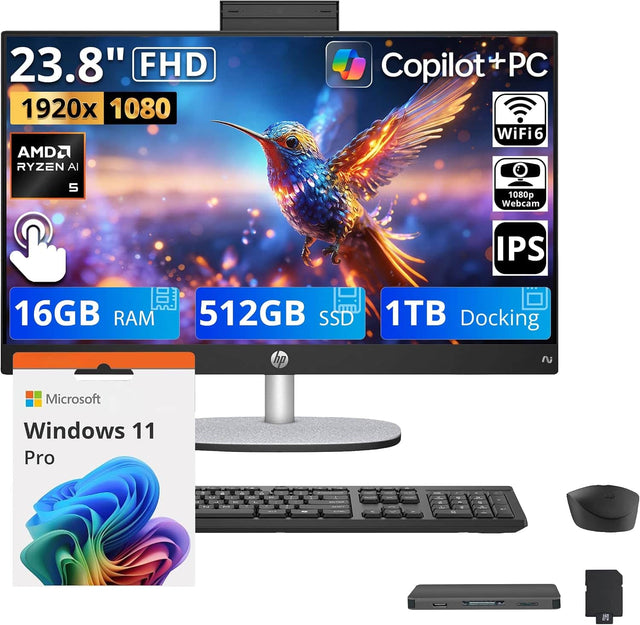 23.8" FHD 1920x1080 AMD Ryzen AI 5 Copilot+PC WiFi6 1080p Webcam IPS 16GB RAM 512GB SSD 1TB Docking hp Microsoft Windows 11 Pro