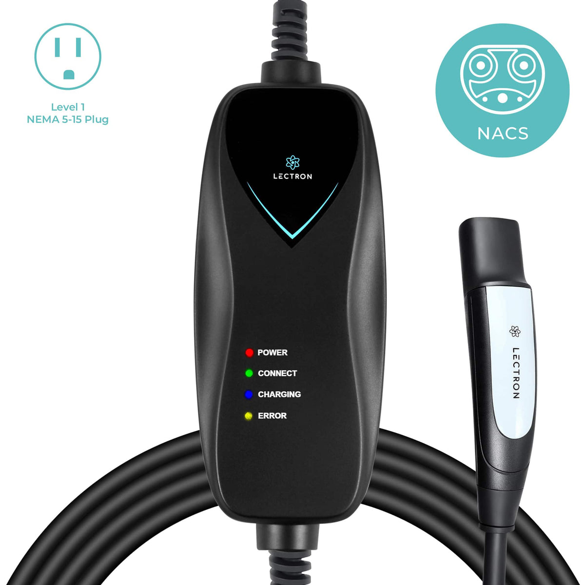 Lectron - Level 1 Tesla Charger - 120V, 15A, NEMA 5-15 Plug, 16 ft Extension Cord - Black