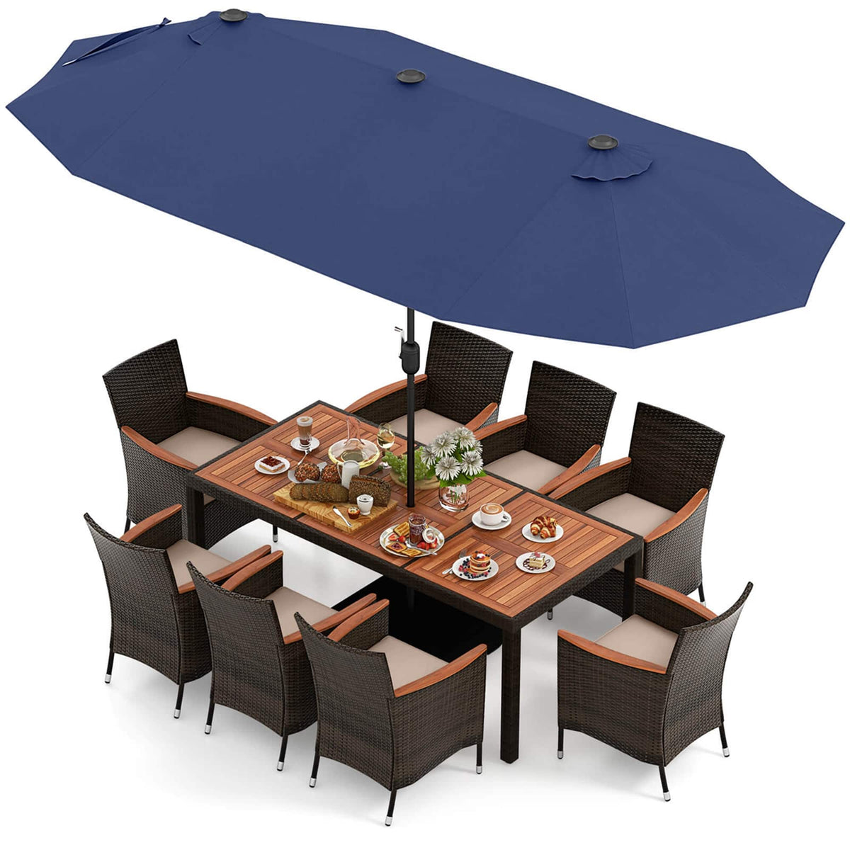 Costway - 11 PCS Patio Dining Set with 15ft Double-Sided Patio Umbrella (Base Included) - Mix Brown + Navy