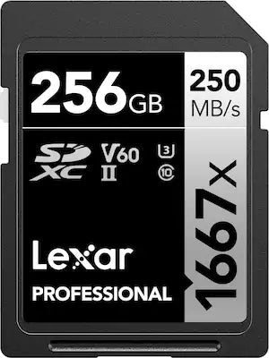 Lexar - 256GB Professional 1667x SD Card, UHS-II, C10, U3, V60, 1080p Full HD, 4K, Up To 250MB/s Read SDXC Memory Card