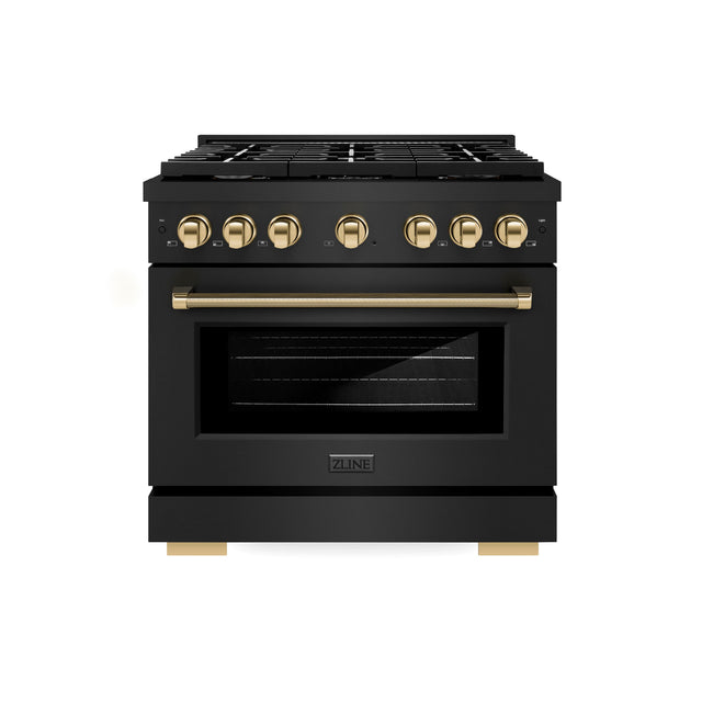 Front. ZLINE - 36 in. Wide 6 Burner Autograph 5.2 cu. ft. Freestanding Paramount Dual Fuel Range with Gold Helix Handle - Black Stainless Steel.