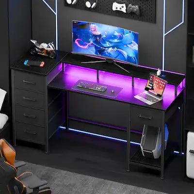 Furnulem - 61 Inch Computer Desk with 5 Fabric Storage Drawers Gaming Desk with Power Outlets and LED Lights