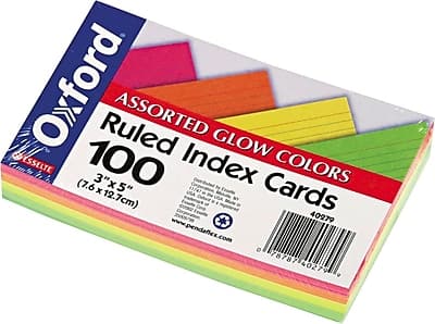 Oxford - Ruled Index Cards, 3 x 5, Glow Green/Yellow, Orange/Pink, 100/Pack - Multicolor