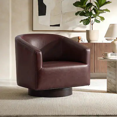 KERDOM - Swivel Single Sofa Side Chair, Living Room Accent Armchair, PU Leather Round Barrel Chair Club Chair, No Assembly Needed