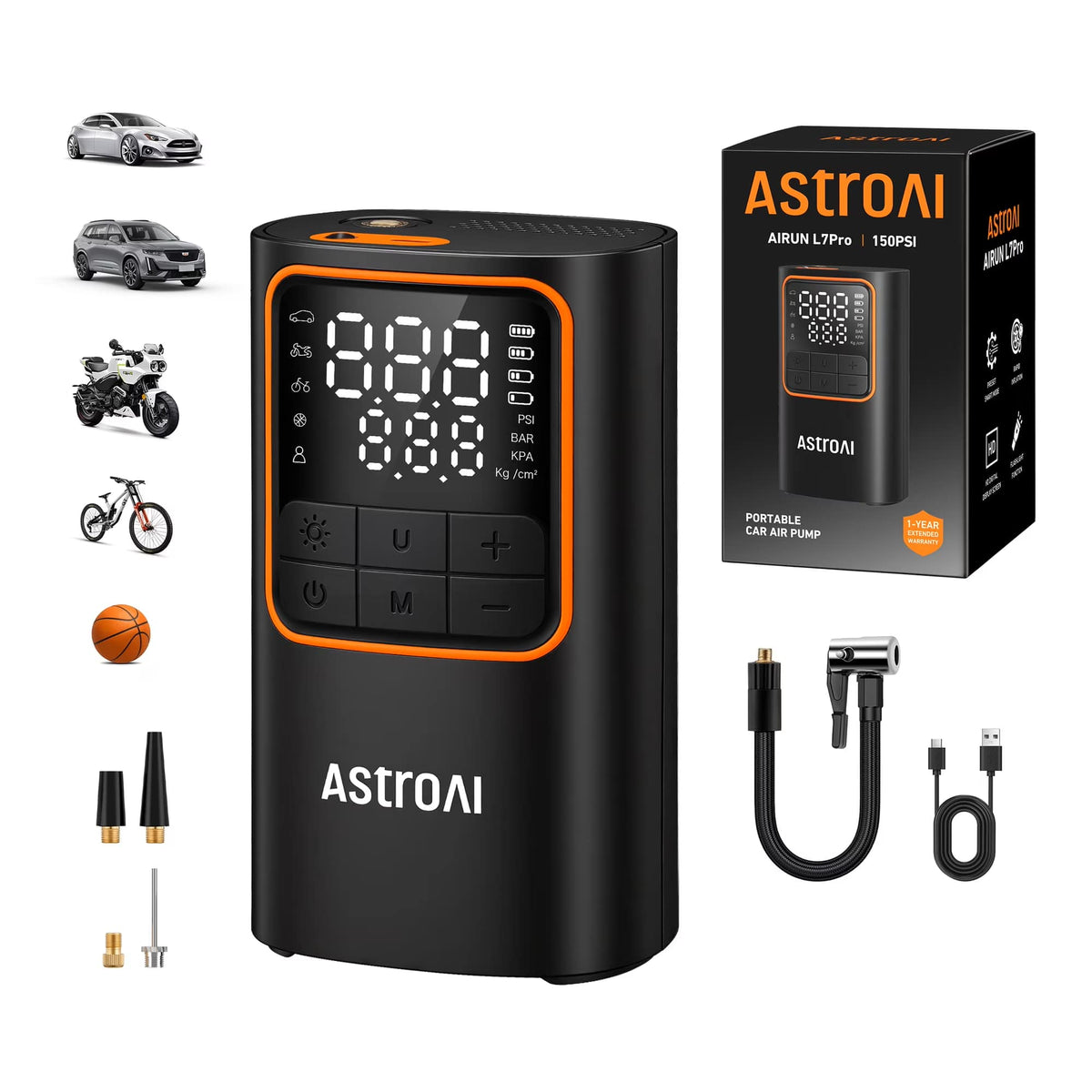 AstroAI - Cordless 150PSI Tire Inflator with Digital Display Smart Auto Shutoff USB-C Rechargeable Battery and LED Emergency Light - Orange