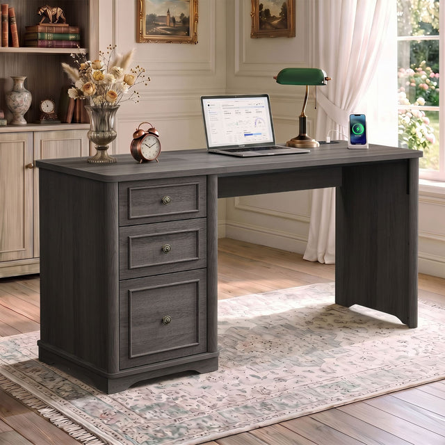 Front. Bestier - 59'' Farmhouse Office Desk with Drawers and Charging Station, Computer Executive Desk with Storage for Home Office - Charcoal Ash.