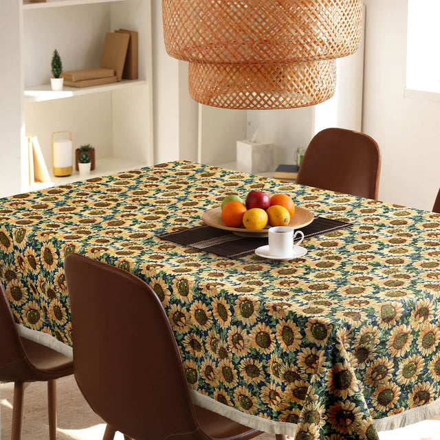 Front. Oumilen - 59x59in Square Sunflower Tablecloth with White Fringe – Farmhouse Floral Print for Kitchen Party Decor - Multicolor.