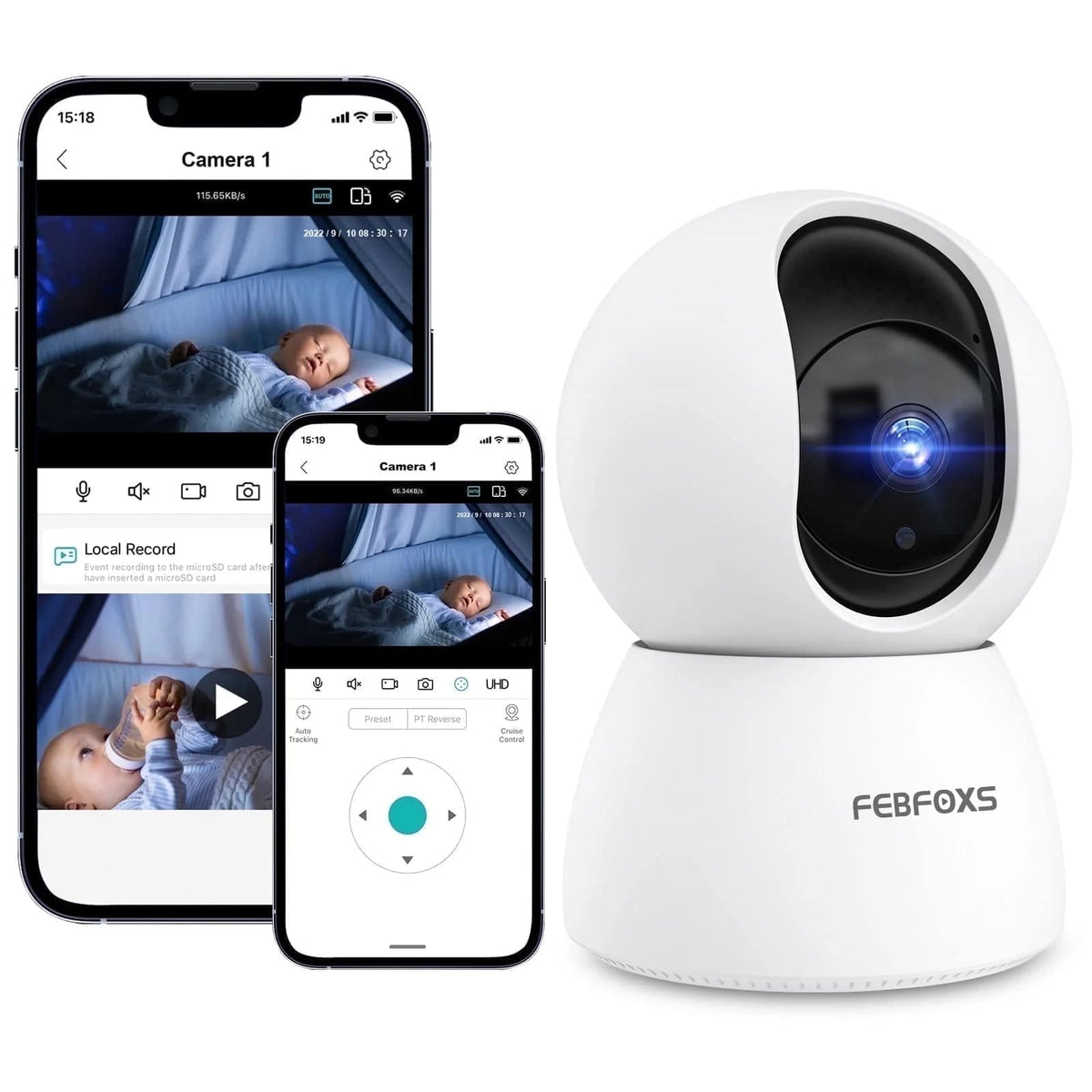 FEBFOXS - 2K Baby Monitor Indoor Security Camera with Night Vision Two Way Audio Pan Tilt Motion Detection - White