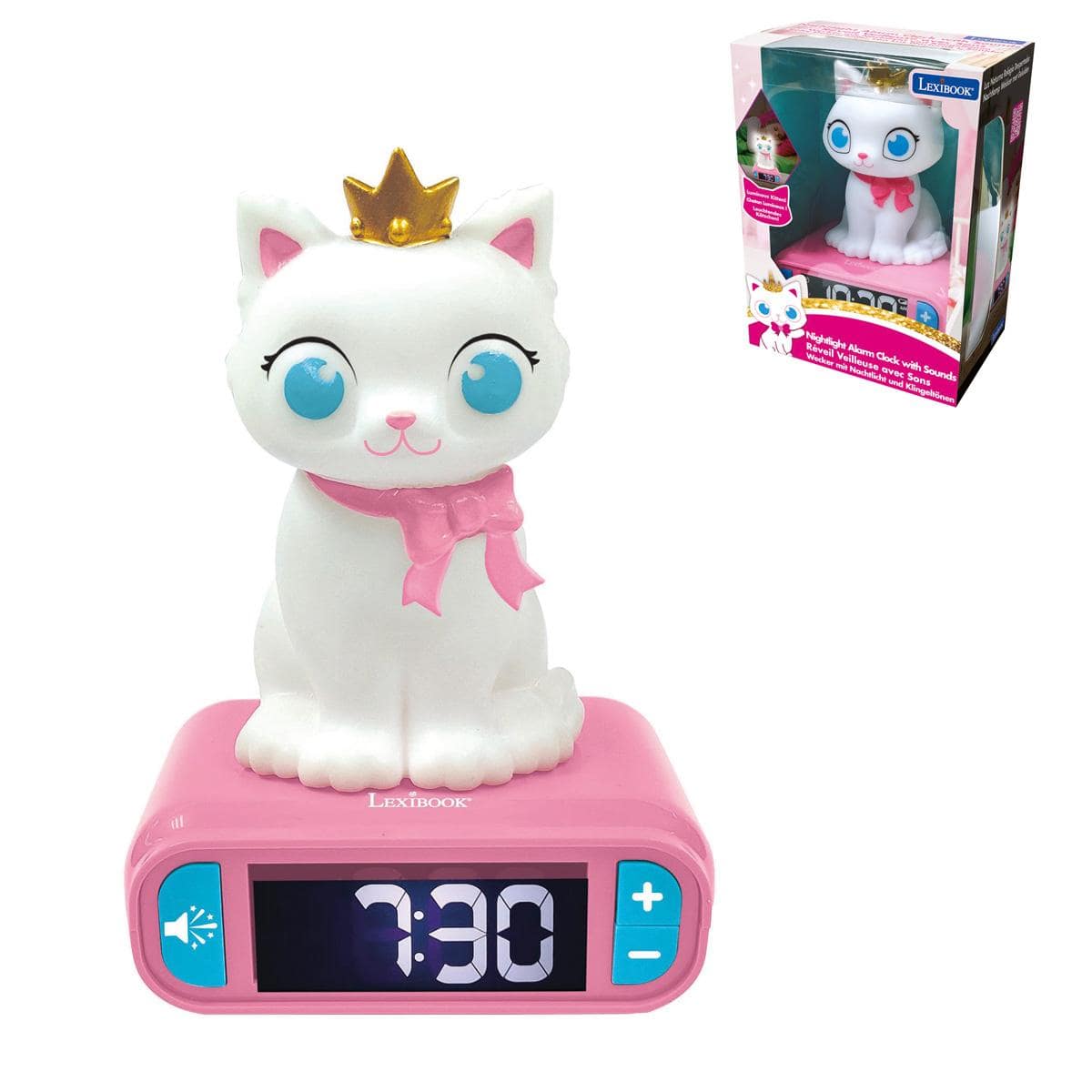 Lexibook - Alarm Clock with Cat 3D Design Night Light and Sound Effects - White