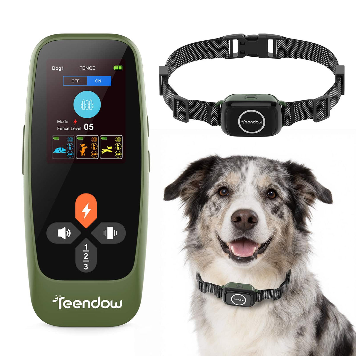 Teendow - 4-in-1 Wireless Dog Fence & Training Collar, Up to 1KM Range,Bark Control, Waterproof, Type-C Fast Charging for Outdoor - Green