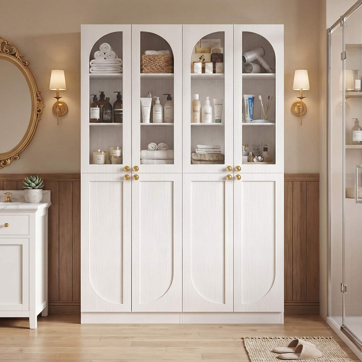 Aheaplus - 47.2'' Wide 6-Tier Bathroom Storage Cabinet, Set of 2, with 8 Doors and Adjustable Shelves - White