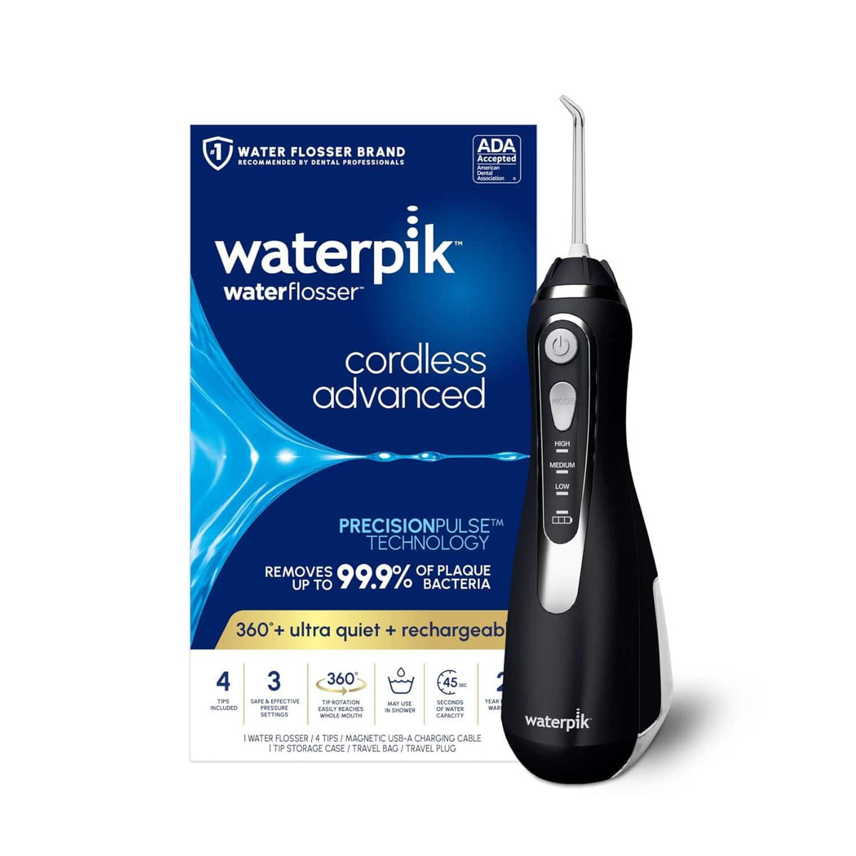 Waterpik - Cordless Advanced 2.0 Water Flosser with 3 Settings, 4 Tips & Travel Bag, ADA Accepted - Black