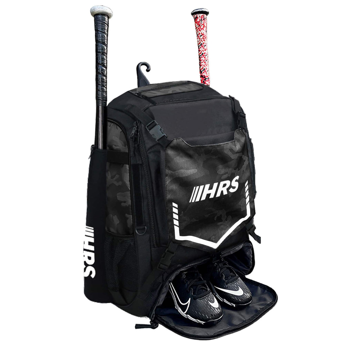 Hit Run Steal - Bat Bag Backpack, Holds 4 Bats, Glove, and Helmet - Black Camo