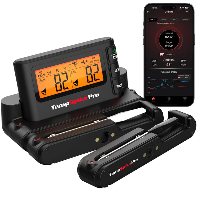 16:25  
Cooking  
Black White Red Yellow  
Time remaining: ---  
Internal 82.6°  
Target 151°  

Sirloin  
Ambient 98°  
Low 225°  
High 250°  

Cooking graph  
- Ambient 133°F  
- Actual 98°F  

TempSpike Pro  
SYN  
LIGHT  
PRO  
BOOSTER