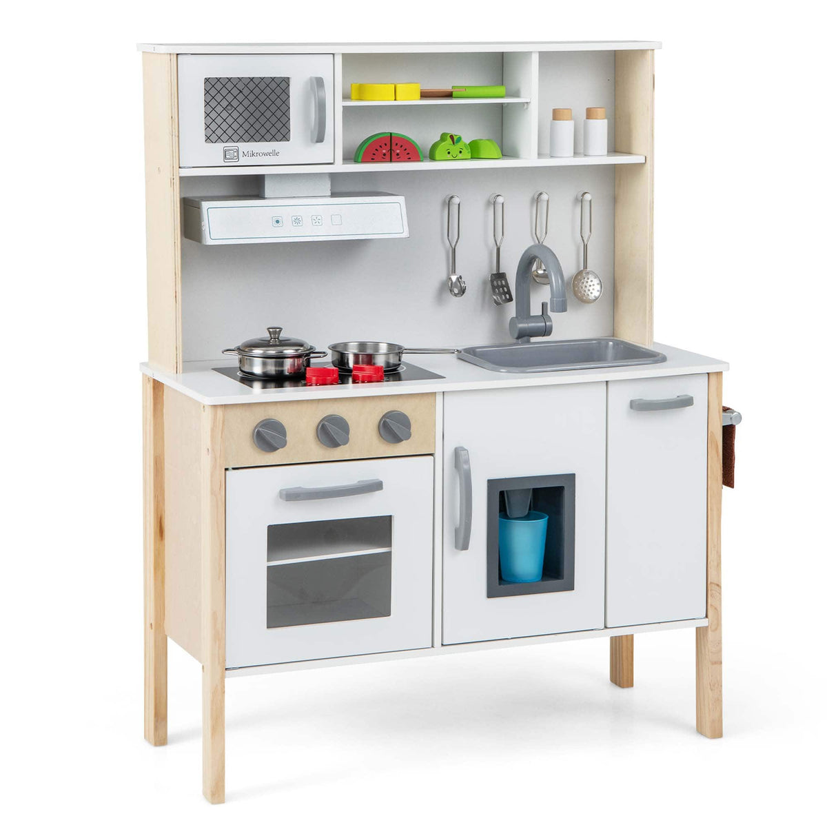 Costway - Kids Kitchen Playset Wooden Pretend Play Chef Toy w/ Microwave & Accessories - White
