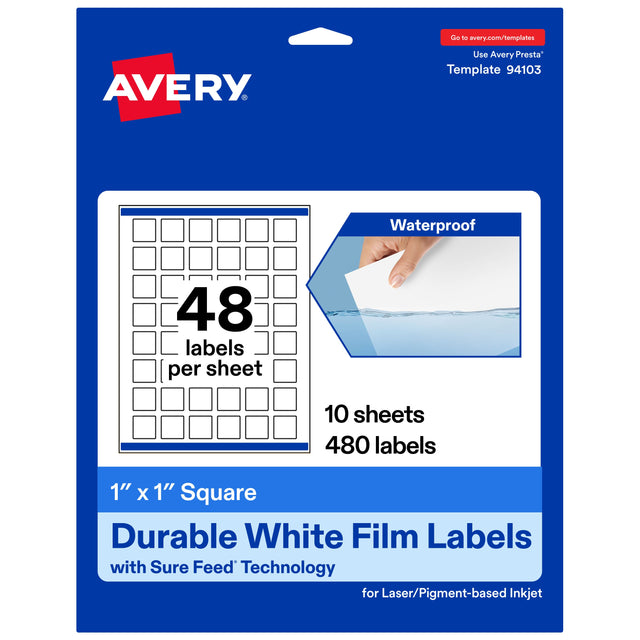 Go to avery.com/templates  
Use Avery Presta™ Template 94103  

Waterproof  
48 labels per sheet  
10 sheets  
480 labels  

1" x 1" Square  
Durable White Film Labels with Sure Feed™ Technology for Laser/Pigment-based Inkjet