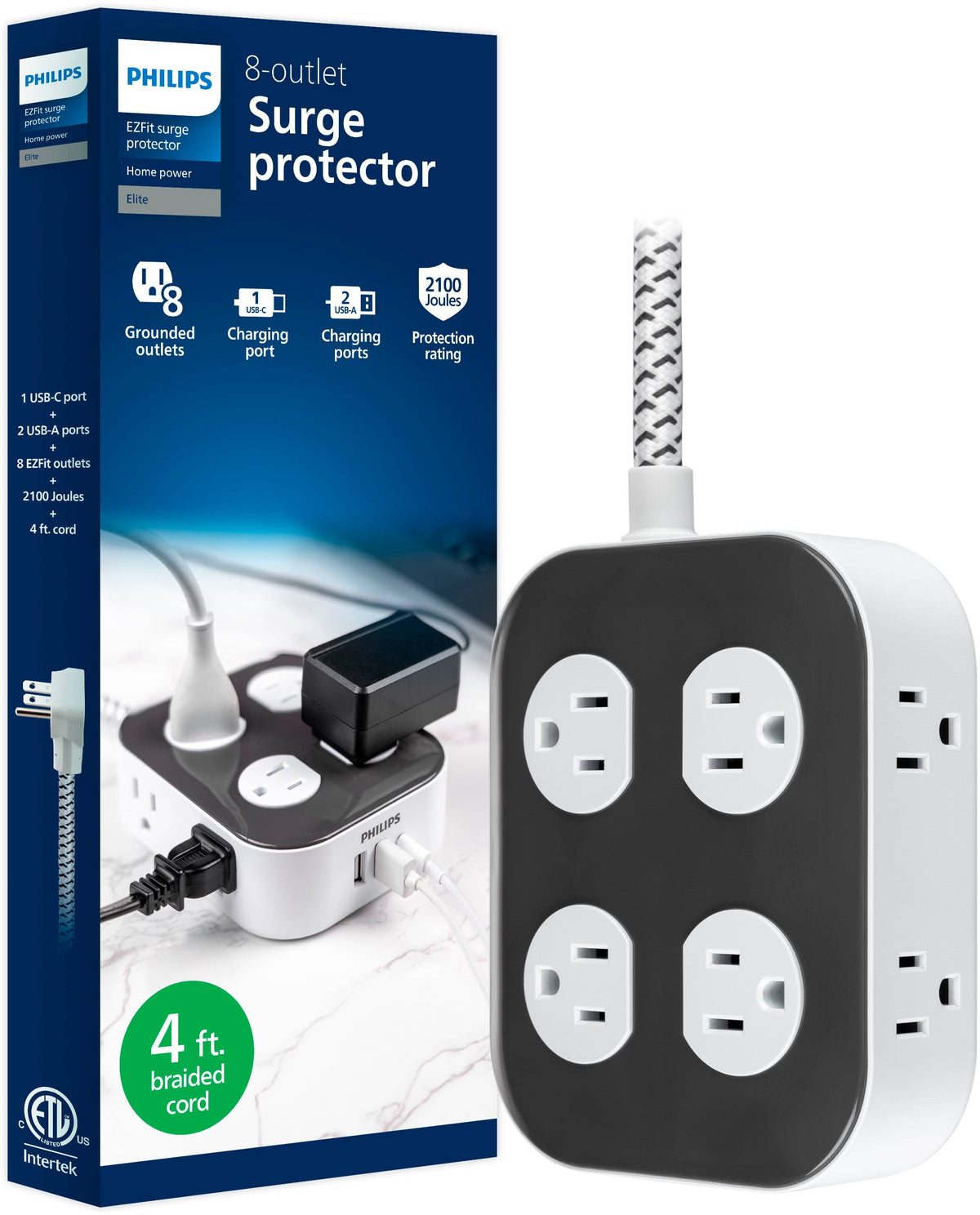 Philips - Surge Protector Power Strip, 8 Outlet Extender, 2 USB-A, 1 USB-C, 2100 Joules, 4 Ft Braided Extension Cord - Dark Gray & Arctic White