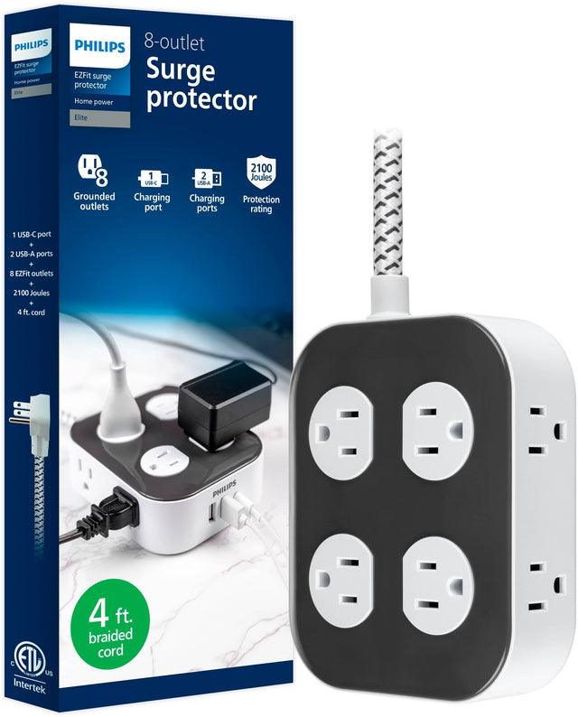PHILIPS 8-outlet SURGE PROTECTOR EZFIT SURGE POWER SURGE MOMENT PROTECTOR 1m HOME POWER PROTECTOR ELITE 2100 8 1 2: Joules USB-C 58-A Grounded Charging Charging Protection outlets port ports rating 1 USB-C port 2 USB-A ports 8 EZFit outlets + 2100 Joules + 4 ft. braided cord PHILIPS C ETD us NaTUN Intertek 4 ft. braided cord