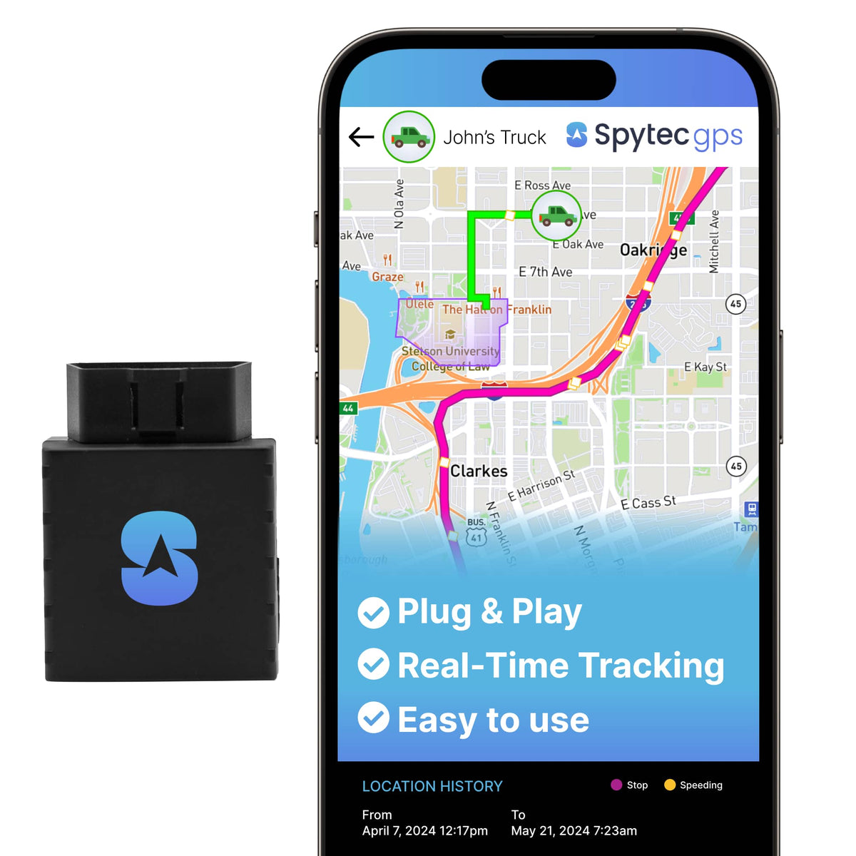 Spytec GPS - OBD Vehicle GPS Tracker Real-Time 2 Second Updates, Vehicle Movements, Personal & Work Car Monitoring - Black