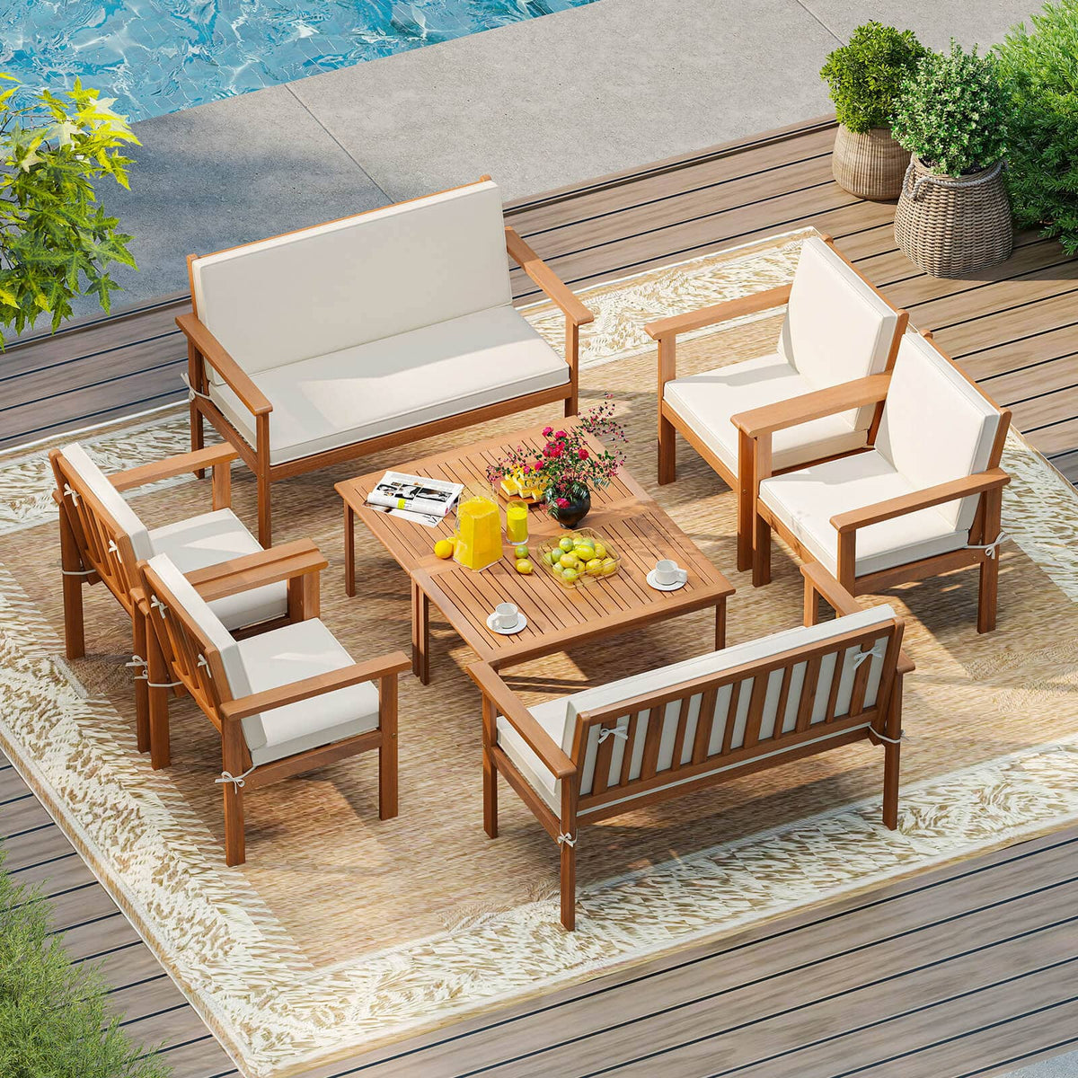 Costway - 8 PCS Acacia Wood Conversation Set with Seat & Back Cushions Loveseat Armchairs - Beige,Natural