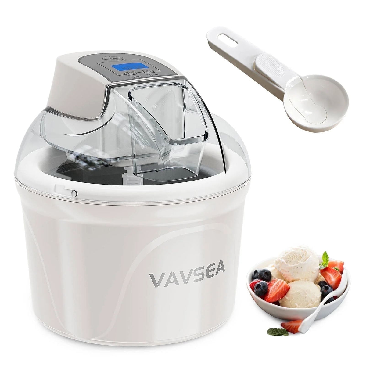 VAVSEA - 1.5 Qt Ice Cream Maker with Scoop, Ice Cream Machine with LCD Display and Timer - White