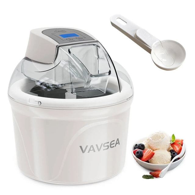 Front. VAVSEA - 1.5 Qt Ice Cream Maker with Scoop, Ice Cream Machine with LCD Display and Timer - White.
