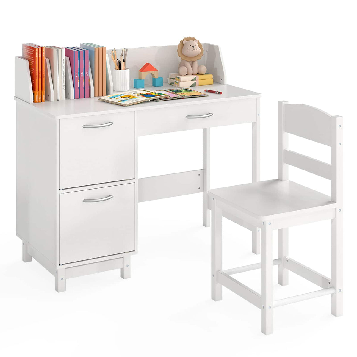 Gymax - Kids Study Desk & Chair Set w/Chair 2 Storage Cabinets Drawer 4 Book Sorters - White