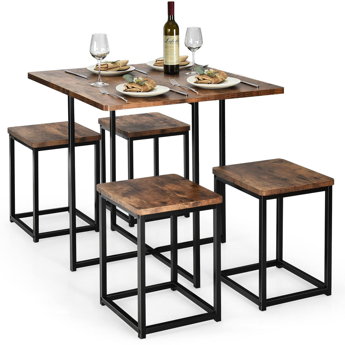 Costway - 5pcs Dining Set Compact Dining Table and 4 Stools Metal Frame Nature\ Vintage Walnut - Walnut and  Black