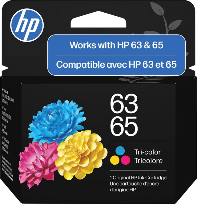 hp  
Works with HP 63 & 65  
Compatible avec HP 63 et 65  
63 65  
Tri-color Tricolore  
1 Original HP Ink Cartridge Une cartouche d'encre d'origine HP