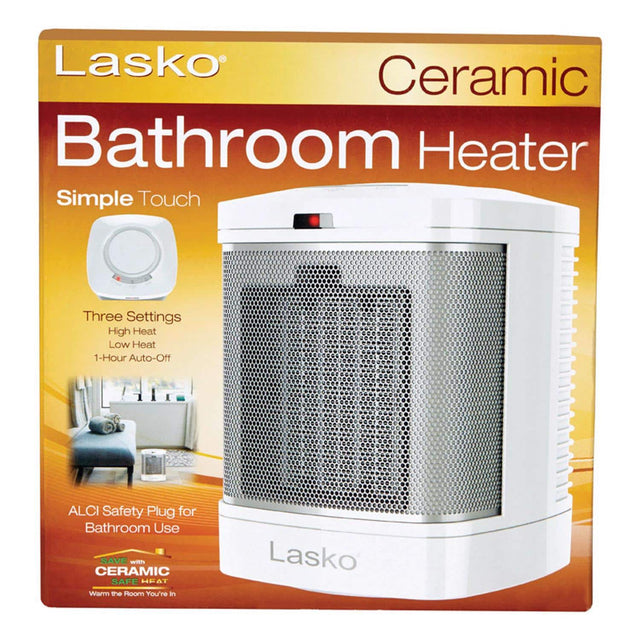 Lasko Ceramic Bathroom Heater  
Simple Touch  
Three Settings:  
- High Heat  
- Low Heat  
- 1-Hour Auto-Off  

ALCI Safety Plug for Bathroom Use  

SAVE with CERAMIC SAFE HEAT  
Warm the Room You're in