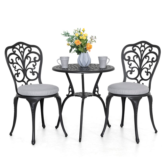 Front. Nuu Garden - 3-Piece Cast Aluminum Outdoor Bistro Set , 24-Inch Round Table and 2 Armless Chairs - Black and Gray.
